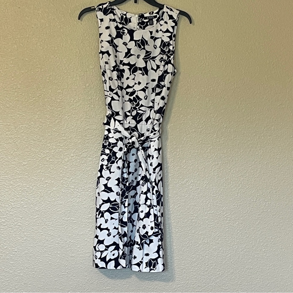 Chaps Size 14 Navy and White Floral Sleeveless Midi Dress w/ Sash Tie Waist